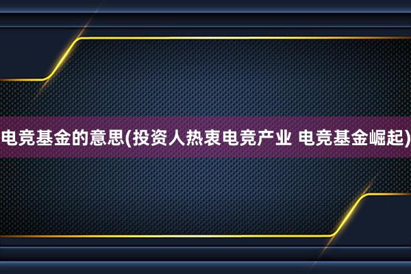 电竞基金的意思(投资人热衷电竞产业 电竞基金崛起)